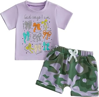 Fernvia Toddler Kids Girl Summer Clothes Bow Print T-Shirt Tops Camouflage Shorts Set 1T 2T 3T 4T 5T Camo Outfits