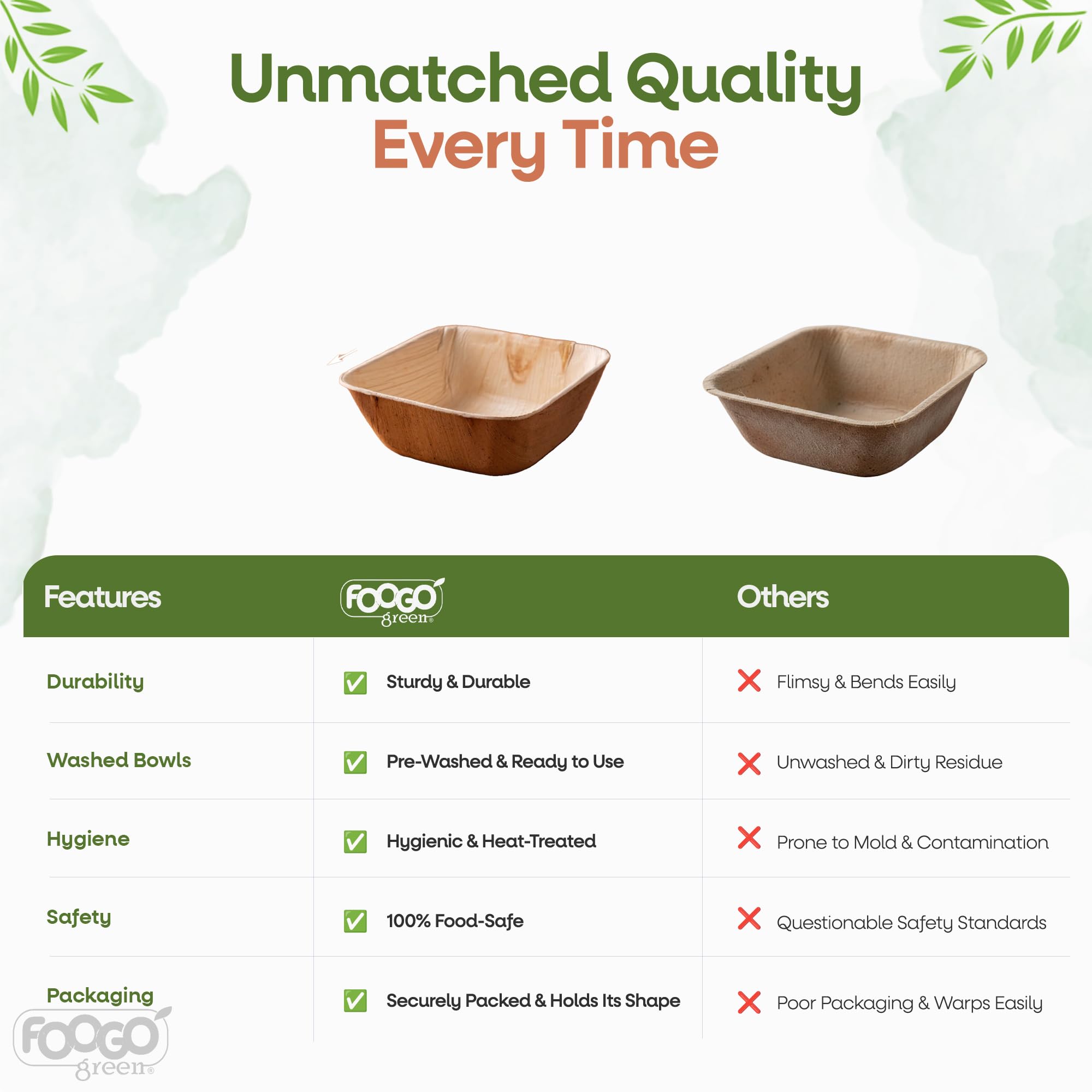 FOOGO Green 100 Cuencos Hoja de Palma Cuadrados 20cm 1000ml Desechables | Biodegradables, Compostables, Para postres y ensaladas, Como cuencos de madera, bambú y papel, Para fiestas y bodas, Snacks