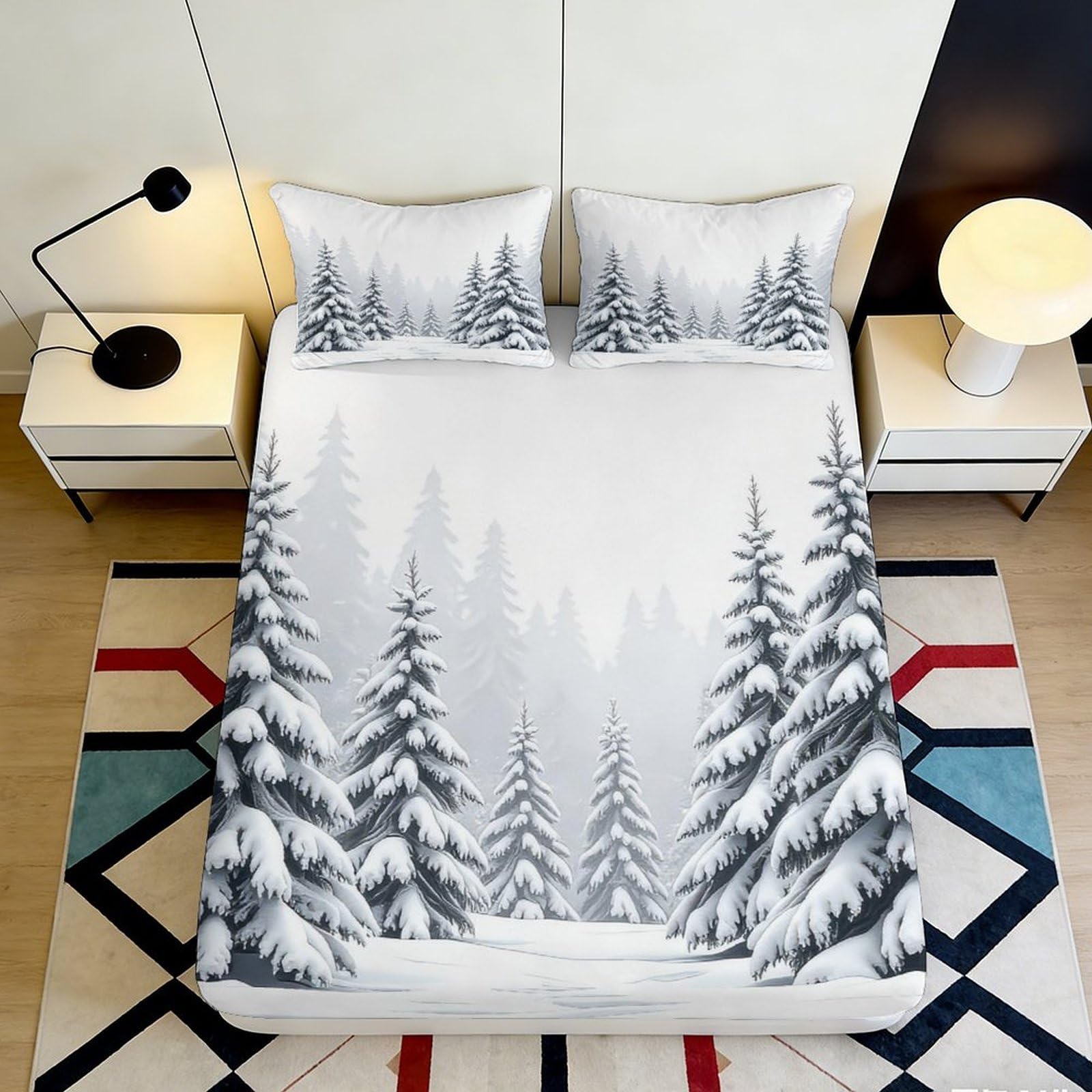 3D Printed Snowy Pine Forest Fitted Sheet Microfiber Soft Mattress Cover Winter Landscape Bed Decor Machine Washable 200x200x25cm