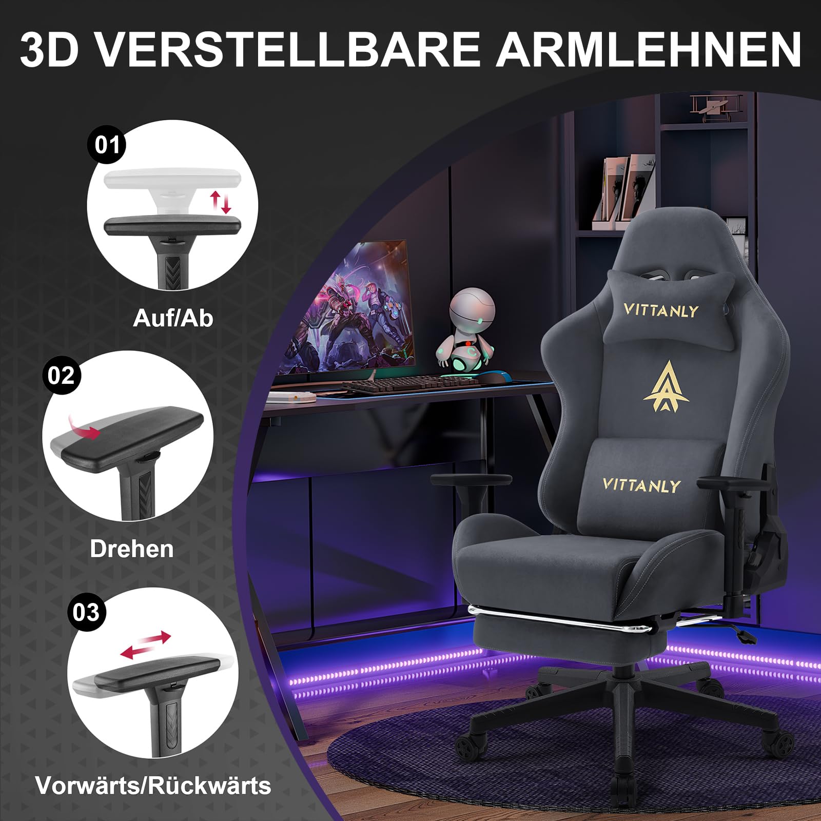 Vittanly Gaming Stuhl, Luxuriöser Wildlederimitat Gaming Chair Bürostuhl, Ergonomischer Schreibtischstuhl mit Fußstütze Kopfstütze und Lendenkissen, 3D Armlehnen, 90-155° Rückenlehne, Grau