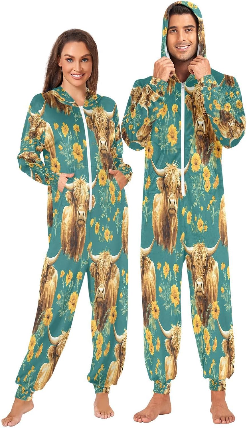 ALAZA Adult Onesie, Highland Cattle Chrysanthemum Pattern Pajamas Costume Party Wear