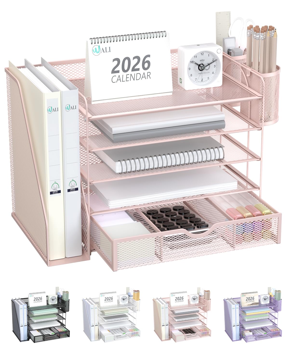 WALI Desk File Organizer, 5 Tier Desktop Paper Letter Tray Organizer with Drawer and 2 Pen Holders, Office Desk Accessories &amp; Workspace Organizers for Office, Home Supplies(DO006DH-P), 1 Pack, Pink