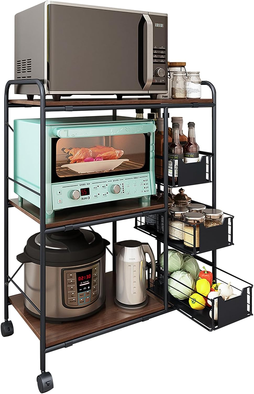 TooCust 3-Tier Kitchen Cart with Wheels,13.8" D x 28" W x 35.5" H, Rolling Small Appliance Cart on Wheels for Kitchen, Heavy Duty Microwave Table Stand with 3 Pull-Out Baskets, Rustic Brown