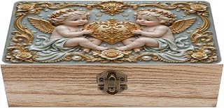Cherubs Cradling A Golden Heart Vintage Wooden Keepsake Box with Hinged Lid, Small Jewelry Chest & Memory Storage Organizer for Women Home Decor