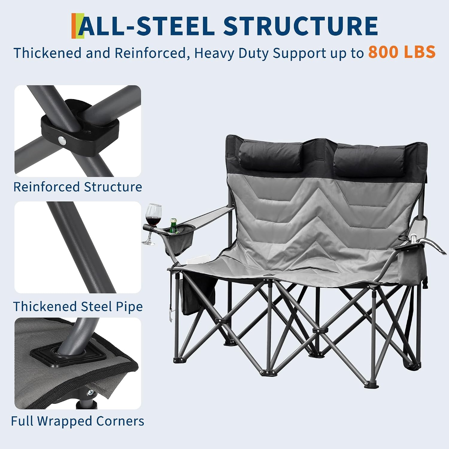 Oversized Padded Double Camping Chair, 800lb Capacity Heavy Duty Folding Loveseat with Headrest, Cup Holders & Cooler Bag for Adults, Outdoor, Gray