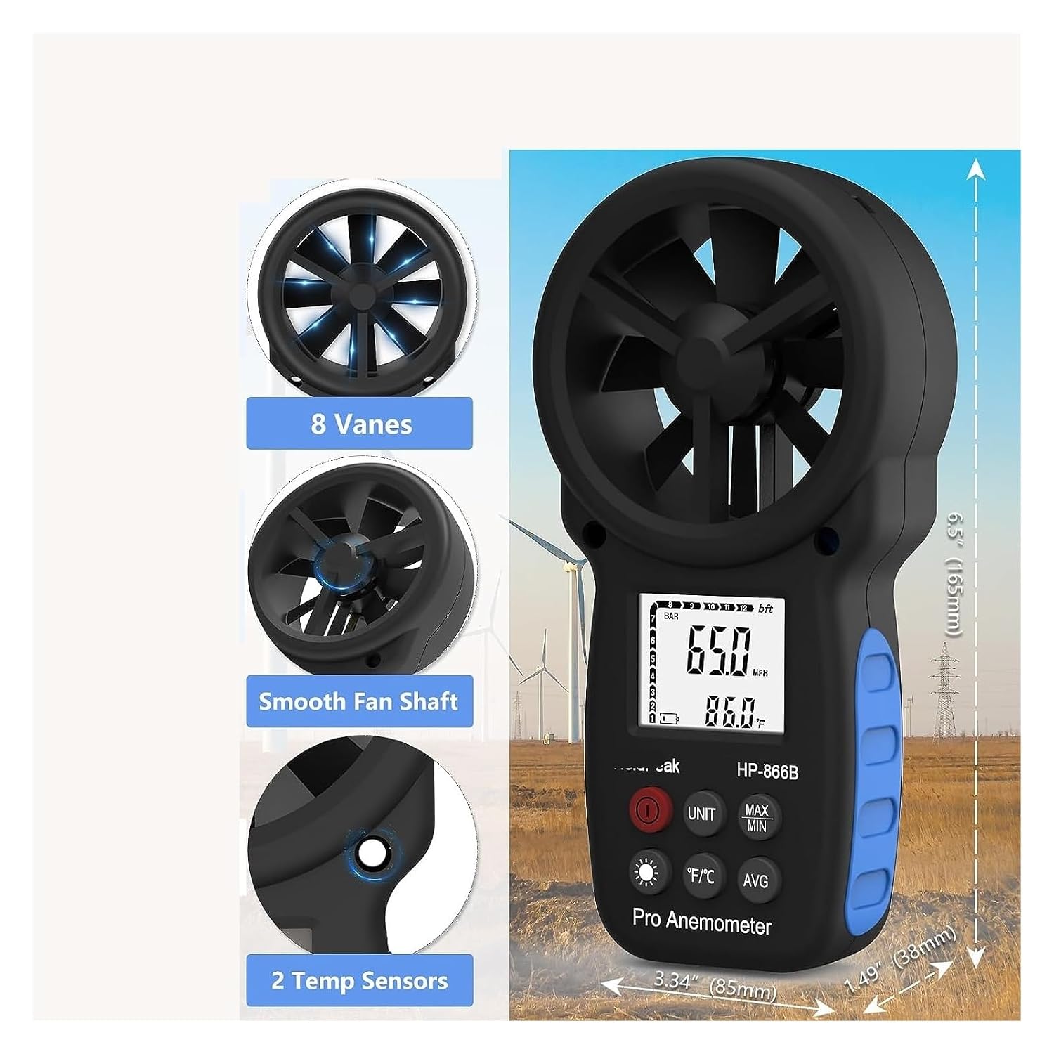 Handheld Digital Anemometer, HP-866B Measures Wind Speed Temperature and Wind Chill with Backlit Display Air Flow Meter