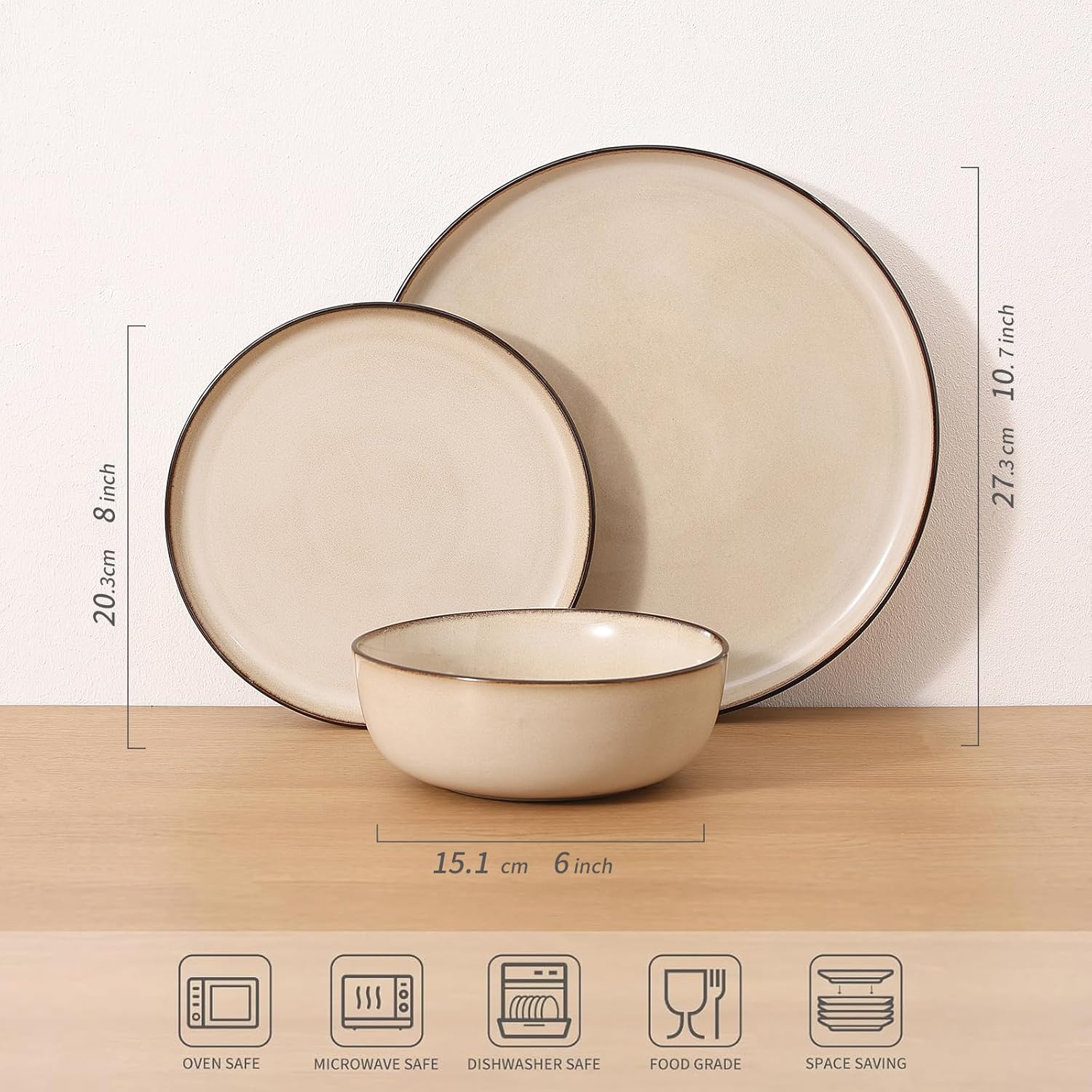 Ceramic Plates and Bowls Sets: 12 Piece Porcelain Dinnerware Sets, Stoneware Kitchen Dishes Set for 4, Scratch Resistant Plate Set, Microwave Dishwasher Oven Safe, Reactive Glaze (Beige)