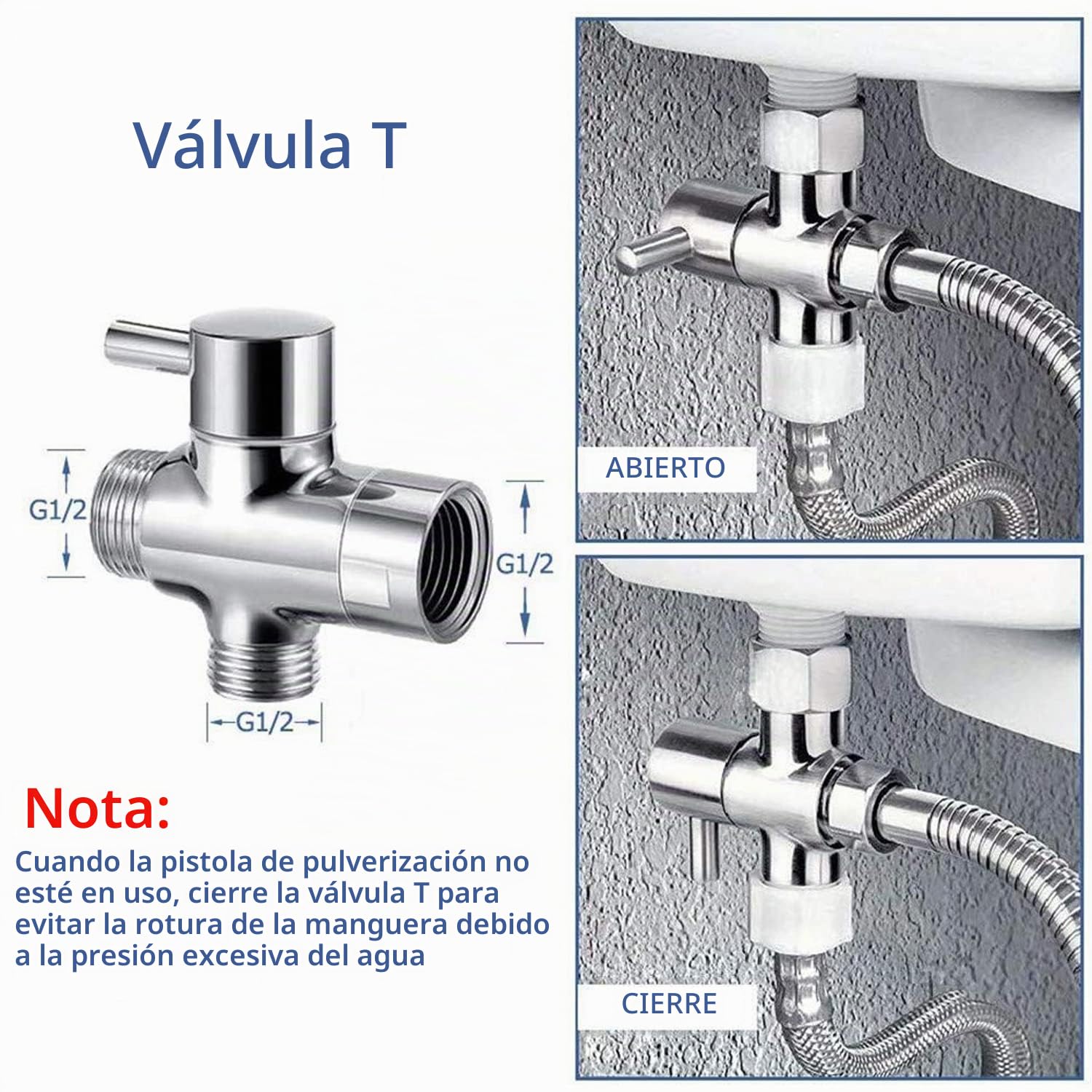 Kit de ducha para inodoro y aseo higiénico, kit de ducha Pulido con válvula de 3 vías (1/2"-3/8") - Ducha para higiene íntima (Plata)