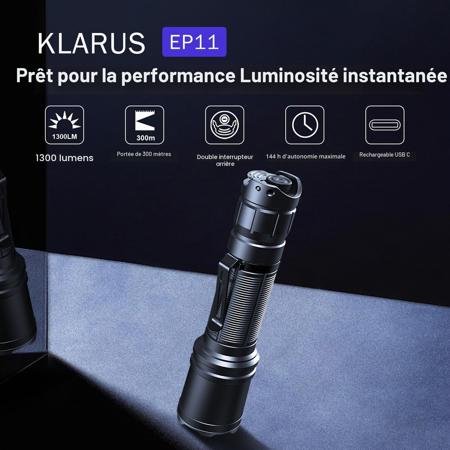 KLARUS EP11 - Lampe Torche tactique rechargeable USB-C 1300 lumens, double interrupteur arrière, 3 modes d'éclairage + stroboscope, lampe de poche étanche IPX8