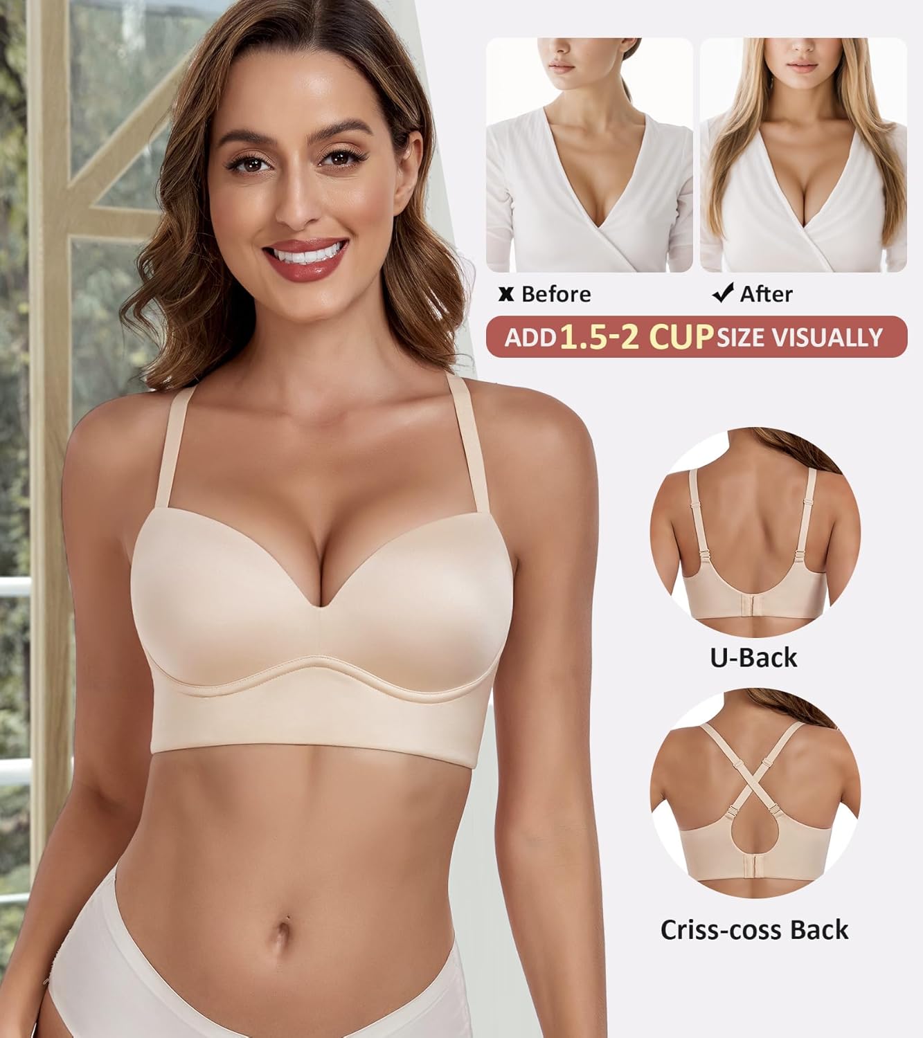 Lemorosy Women's Push Up Wireless Bra Multiway Convertible Plunge V Brassiere No Underwire Padded Comfortable T Shirt Bras - Image 5