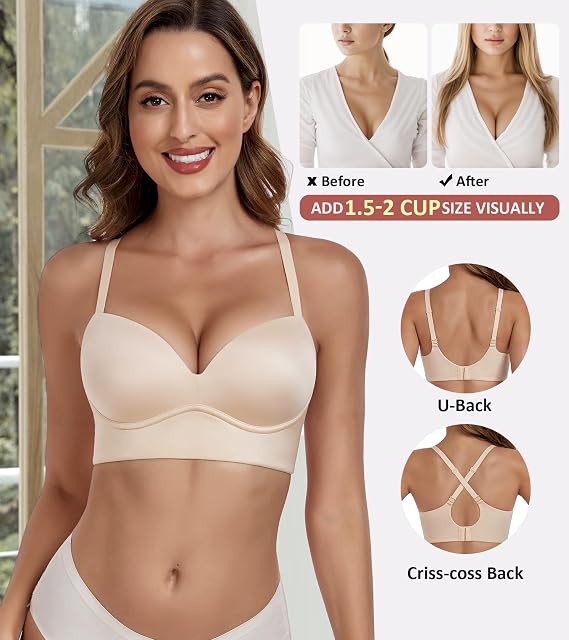 Lemorosy Women's Push Up Wireless Plunge Padded T Shirt Bra