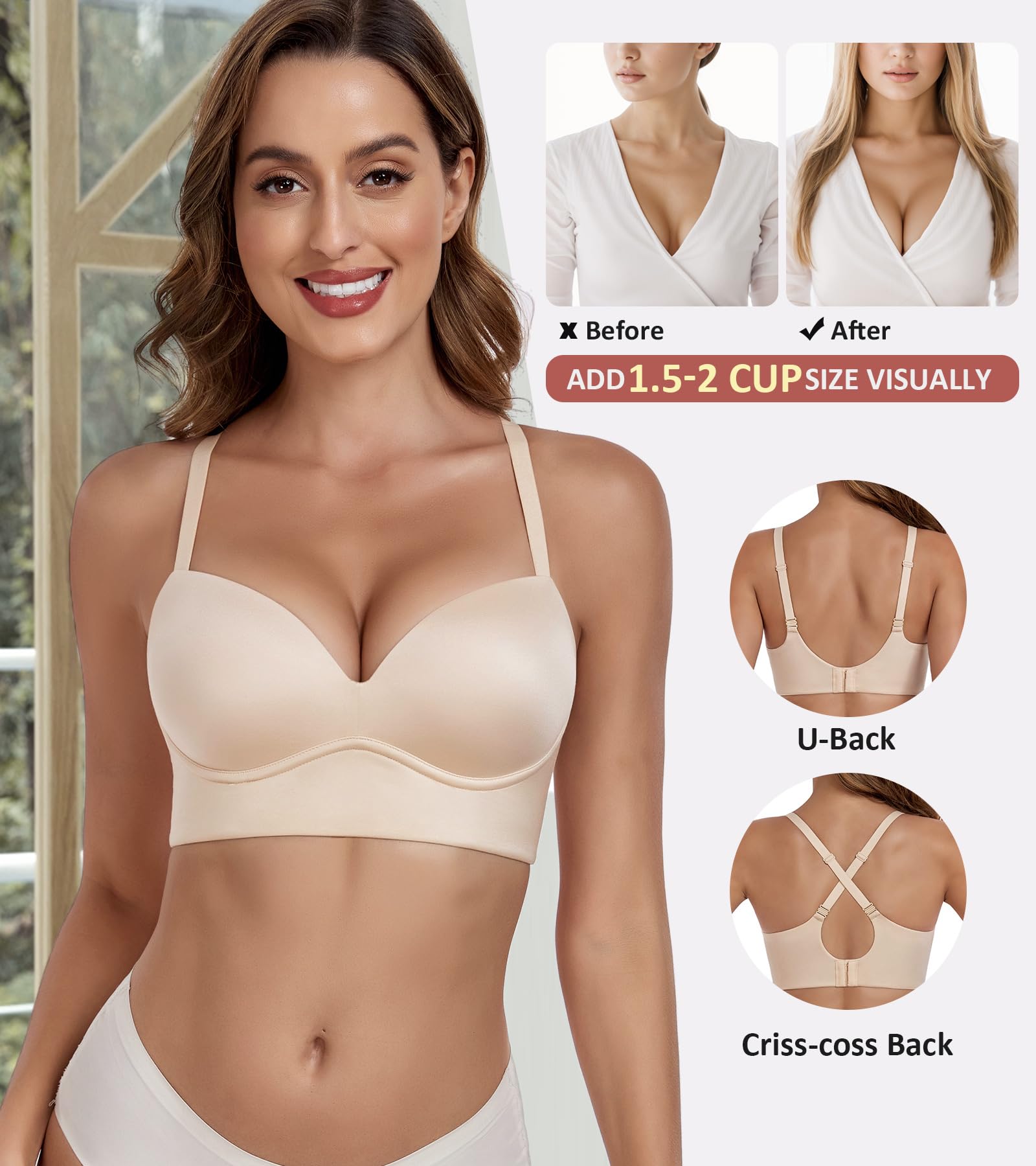 Lemorosy Sujetador push up sin aros para mujer, multidirección, convertible, escote en V, sin aros, acolchado, cómodo, brasier tipo camiseta