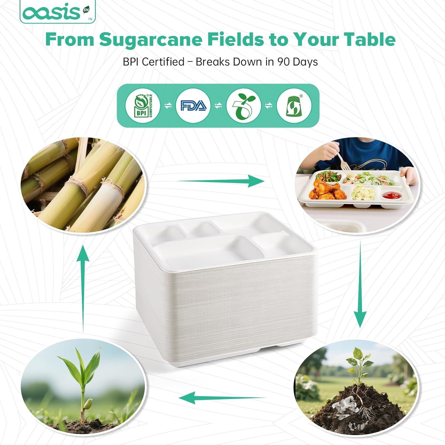 11x9 128-Pack 5-Compartment Meal Trays, Larger & Deeper Heavy Duty Divided Plates, Compostable Bagasse, Microwave Safe, School Lunch, Catering, Party(White)