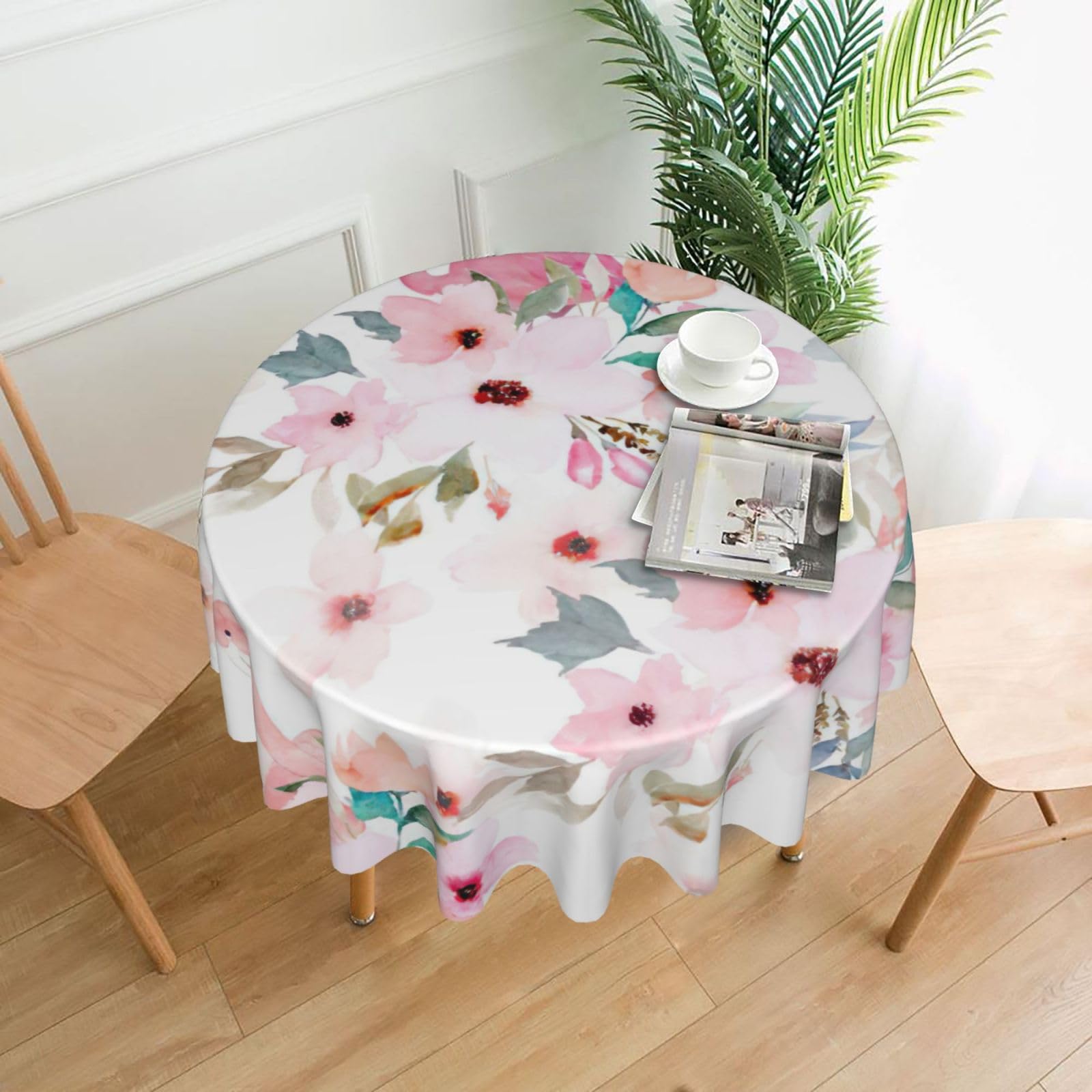 VCzsdff Floral with Flamingo Print Stain Resistant Round Tablecloth 60in Family Friendly Polyester Cloth for Kids Meals