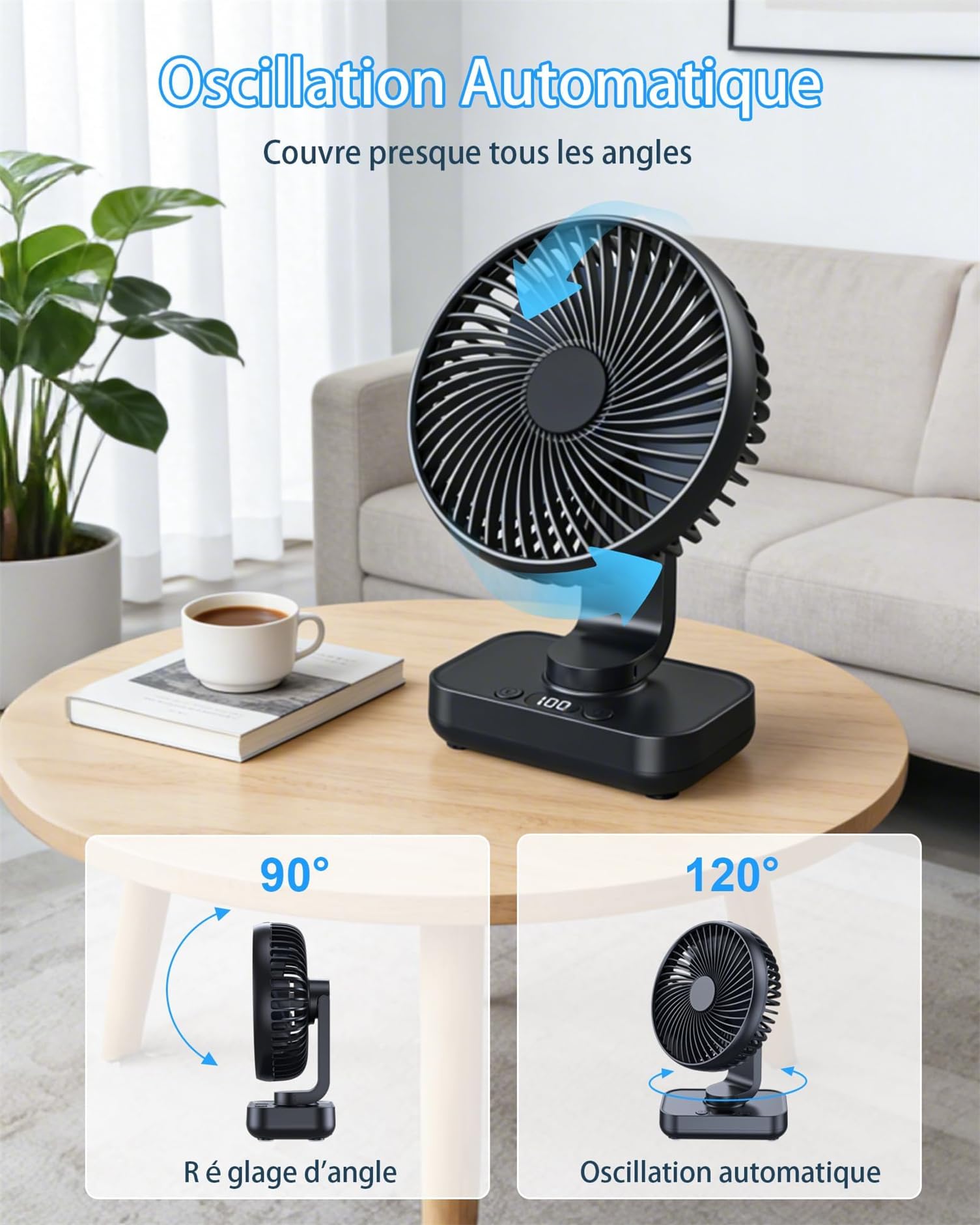 Twinice Ventilatore da Scrivania USB, Batteria Ricaricabile 4500 mAh, 4 Velocità, Oscillazione Automatica, Schermo Digitale, Nero