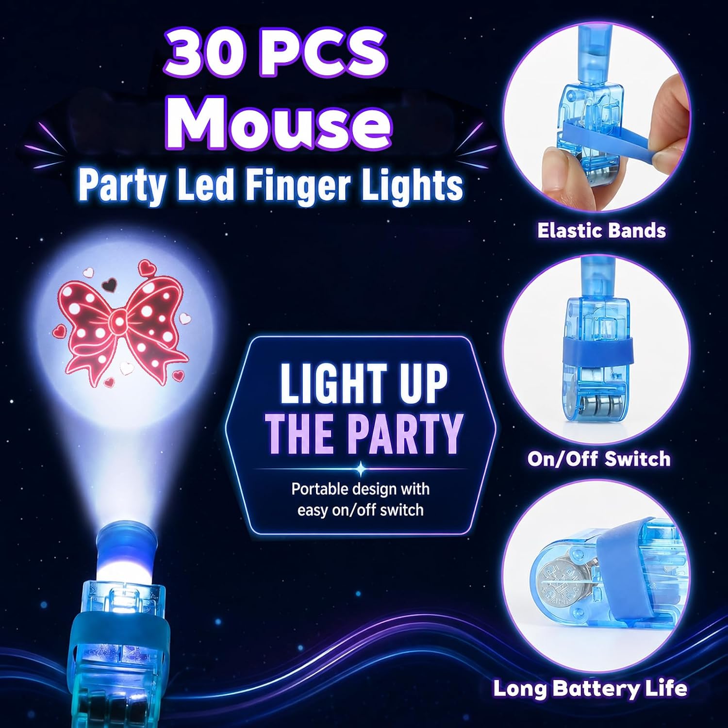 30 PCS Mouse Party Set Finger Lights, Glow Party Favors for Gift Bags