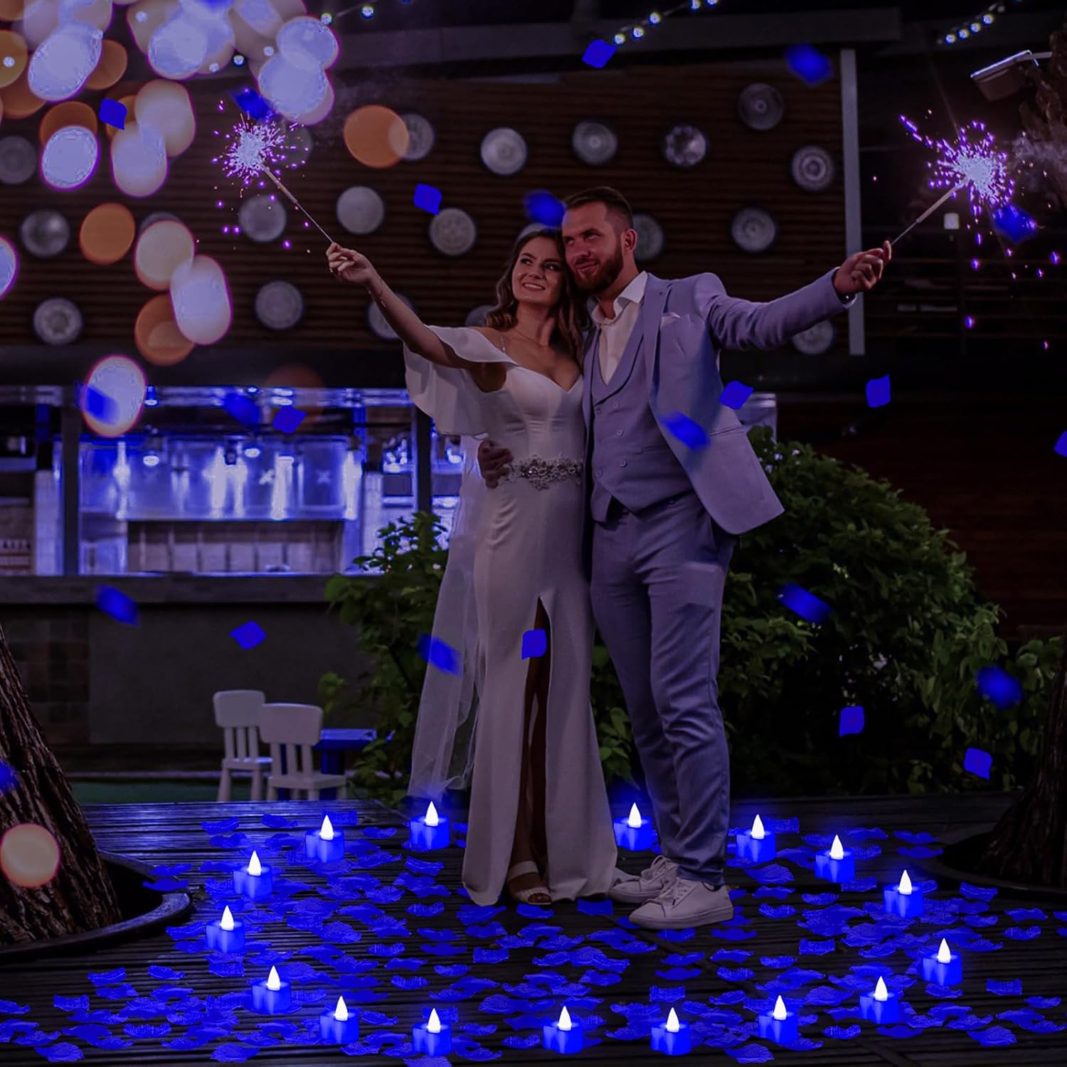 VIHOSE 4000 Pcs Artificial Rose Petals with 24 Pcs LED Tea Lights Candles Flameless LED Candles Fake Rose Petals for Wedding Birthday Party(Blue Light, Blue Petal)