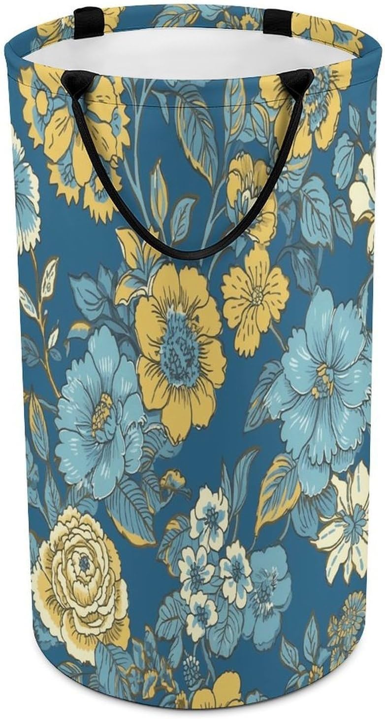 Blue And Yellow Flowers Laundry Hamper Fashion Dirty Laundry Hamper Portable Laundry Hampers with Handles Lightweight Large Clothes Storage Basket for Bedroom Bathroom