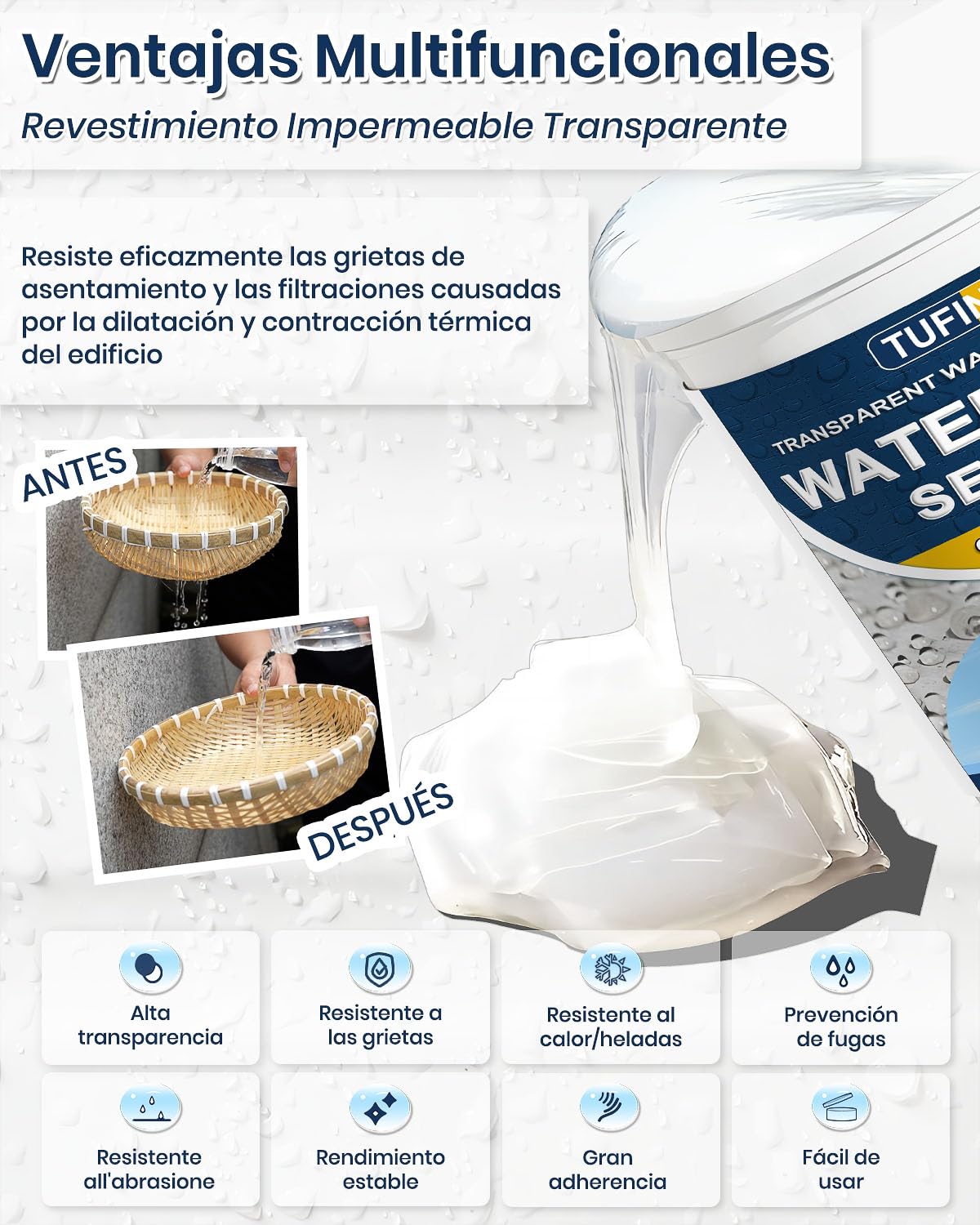 Impermeabilizante Transparente 2 KG, Revestimiento Impermeable Definitivo Interiores y Exteriores, Sellador de Fugas Transparente Revestimientos Impermeables al Agua