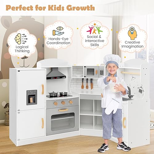 Miniatura 5 de KOTEK Cocina de juego de esquina, cocina de juguete de madera para niños con sonido y luz, campana extractora, máquina de hielo, lavadora,
