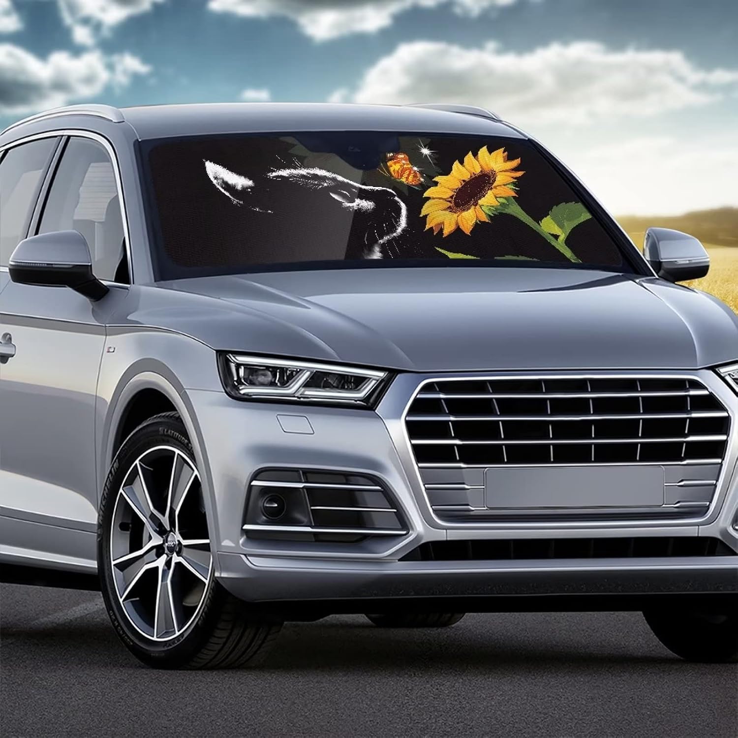 Universal Fitted Full Coverage Black Car Sun Shade Windshield Retractable Windshield Sun Shade Custom Cat Sunflower Print Automotive Windshield Sunshades Breathable Elastic Car Sun Visor for Trucks