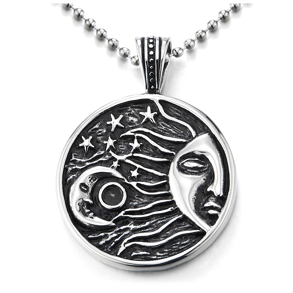 COOLSTEELANDBEYOND Negro Plata Creciente Luna Sol Estrella Universo Celestial Medalla, Collar de Círculo, Colgante de Hombre Mujer, Acero