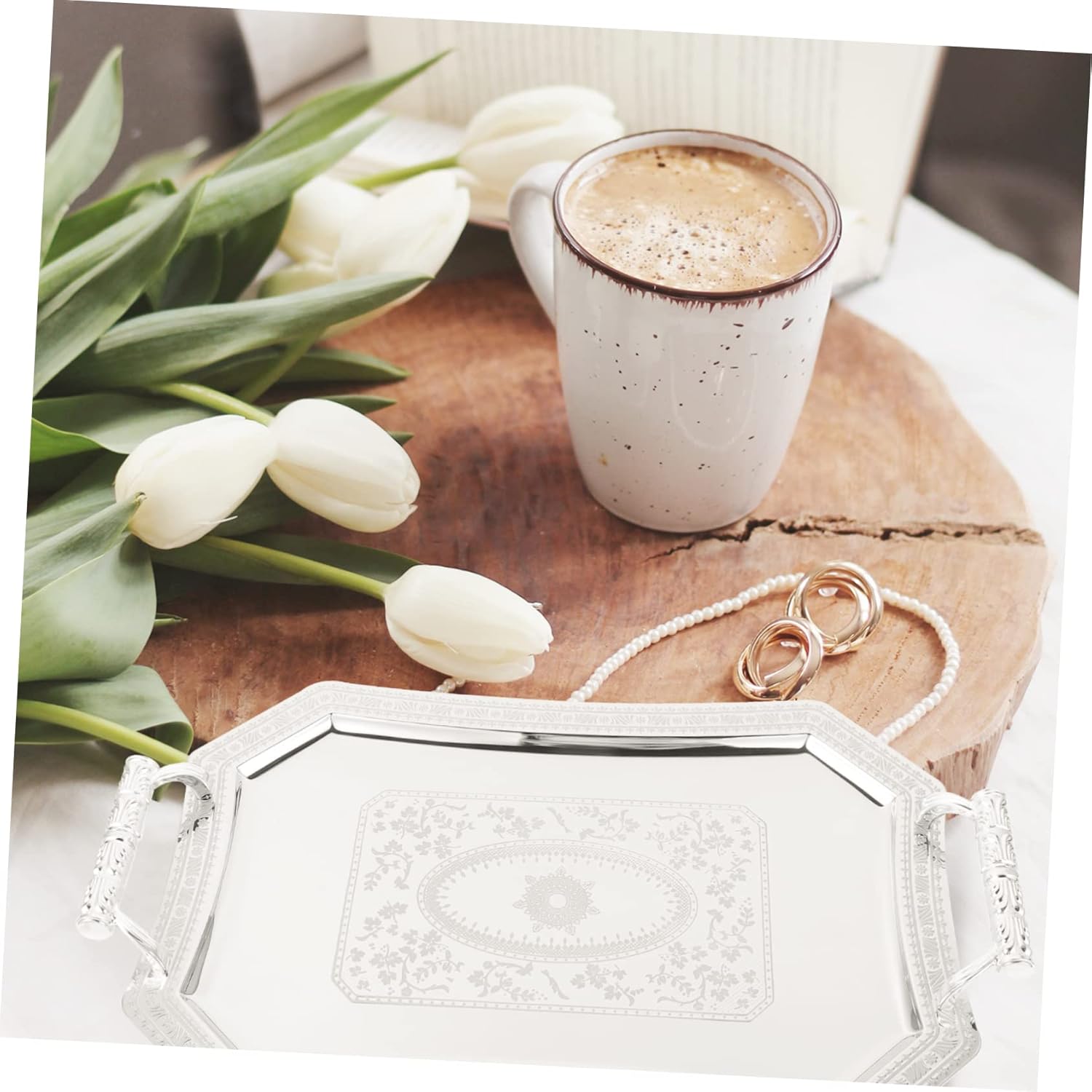 European Style Serving Tray with Handles 14.17X9.84X1.77In Vintage Snack Serving Platter Fruit Dish for Home Entertaining and Parties