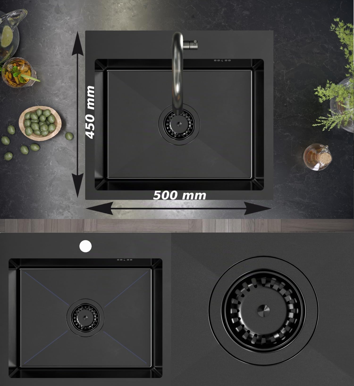 VBChome Fregadero de acero inoxidable con grifo, 50 x 45 cm, color negro, acero inoxidable, con orificio para grifo, fregadero grande, desagüe de acero inoxidable, color negro mate con caño flexible