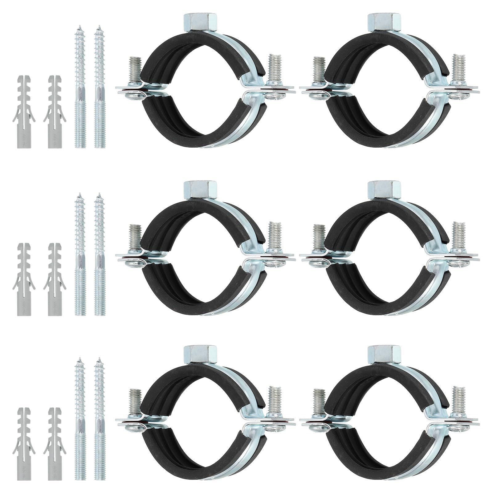 TA-VIGOR 6 Pcs Adjustable Pipe Bracket Clamp 1.57"(40mm), Wall Ceiling Mount Split Ring Pipe Hanger, Heavy Duty Galvanised Iron Strap Clamp with Rubber Cushion for Water Gas Drain
