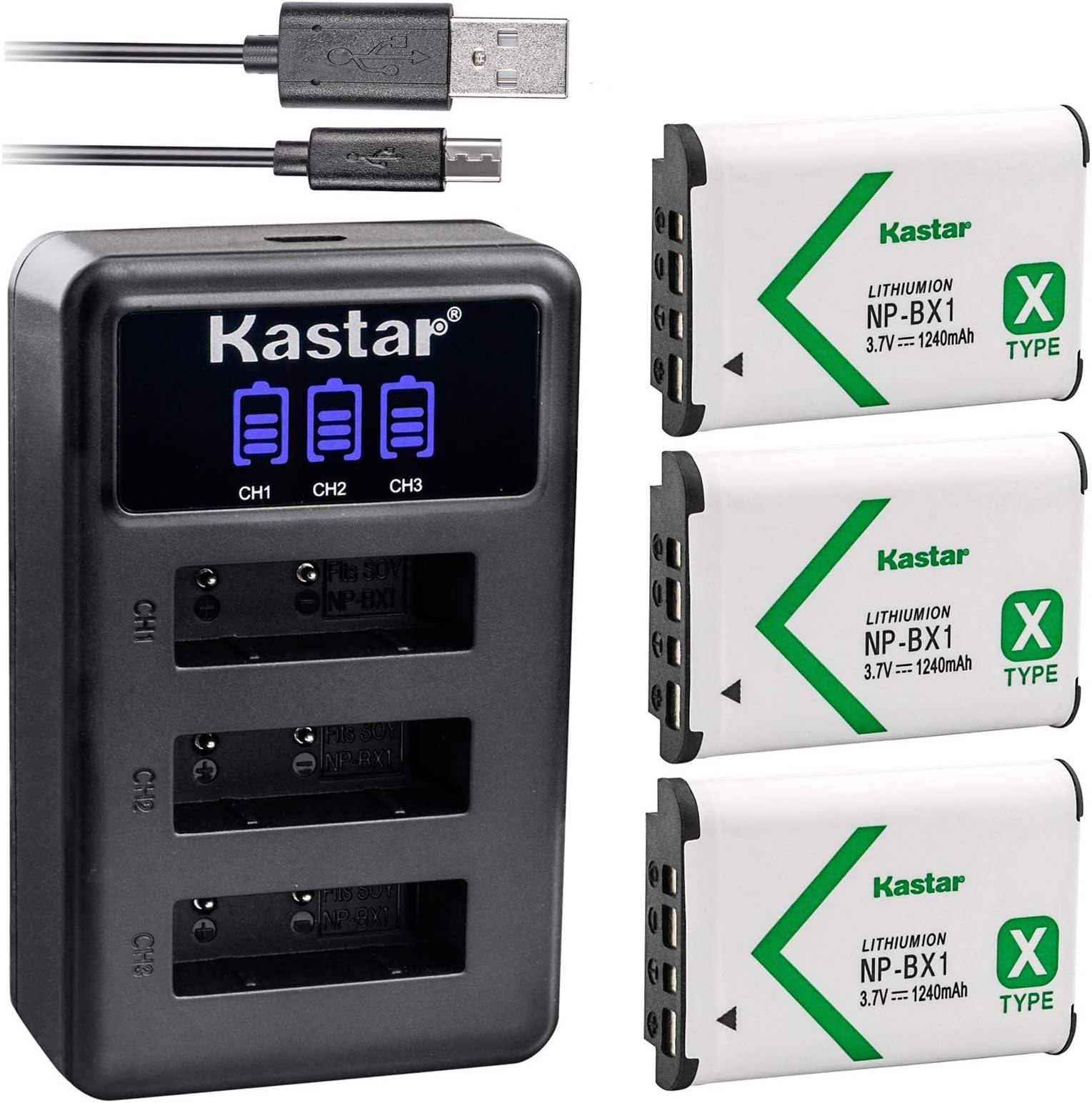 Kastar Battery x3 + Charger for Sony NP-BX1 HDR-AS200V HDR-AS30 HDR-AS300 HDR-AS50 HDR-CX240 HDR-CX405 HDR-CX440 HDR-GW66 HDR-GWP88 HDR-MV1 HDR-PJ240 HDR-PJ270 HDR-PJ405 HDR-PJ410 HDR-PJ440 DSC-HX99