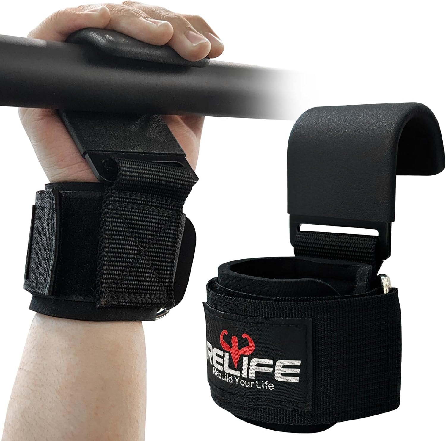 RELIFE REBUILD YOUR LIFE Zughilfen Krafttraining Haken Gewichtheberhaken Griff Pull Up Handschuhe Zughilfe mit Haken Training