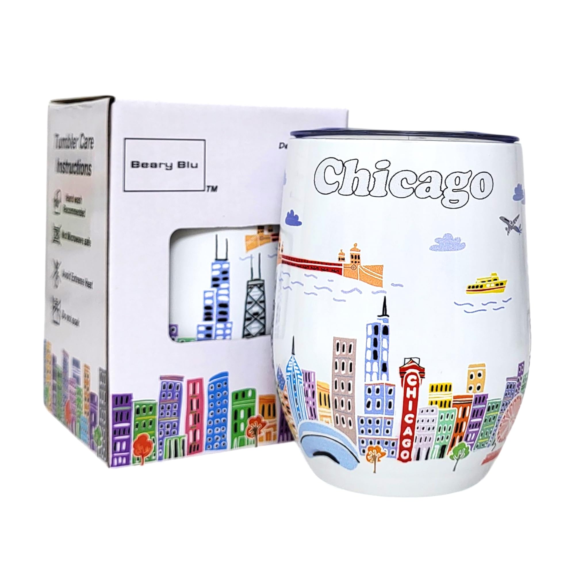 City Themed Artwork 12 Oz Tumbler Series - Designed in the USA - Vacuum Insulated Tumbler with Lids - Stainless Steel Wine Coffee Water Travel Mug, for Hot Cold Drink (Chicago)