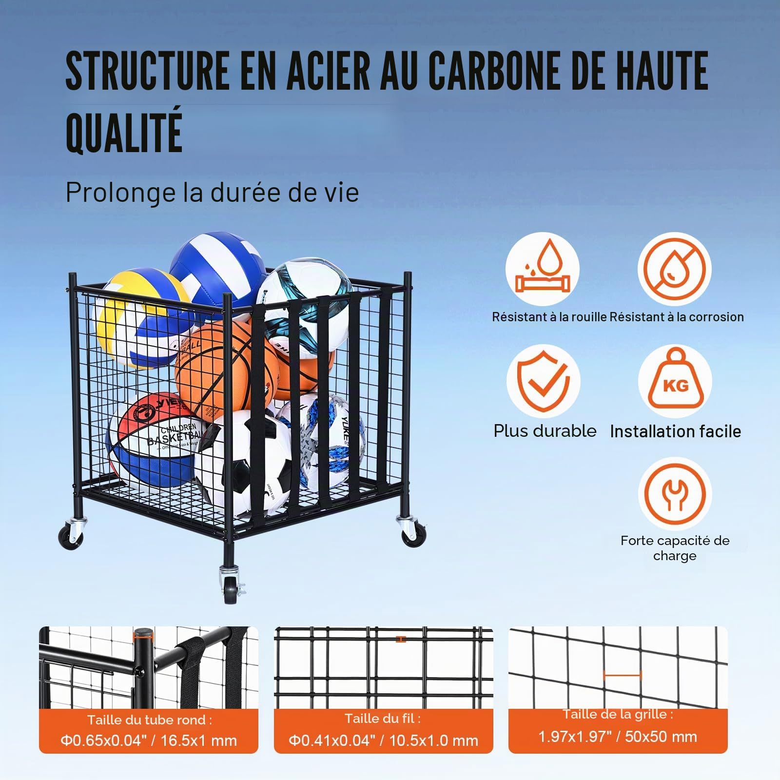 VEVOR Chariot de Rangement à Roulettes pour Ballons de Sport, Cage de Basket-Ball Verrouillable
