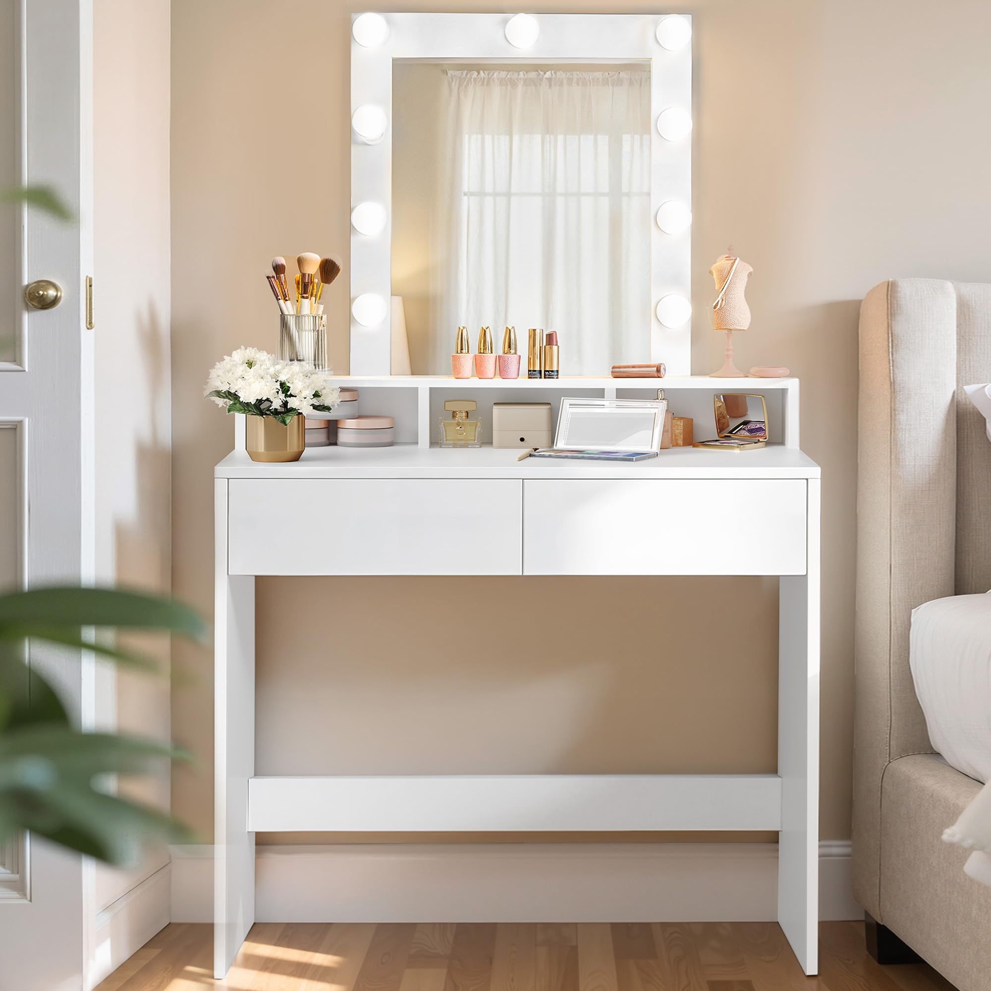 Dressing Table, LED Lights with Adjustable Brightness, Vanity Table with Mirror, 2 Drawers and 3 Compartments, Makeup Desk, Modern, KAILYN Collection Cloud White RDT194T14