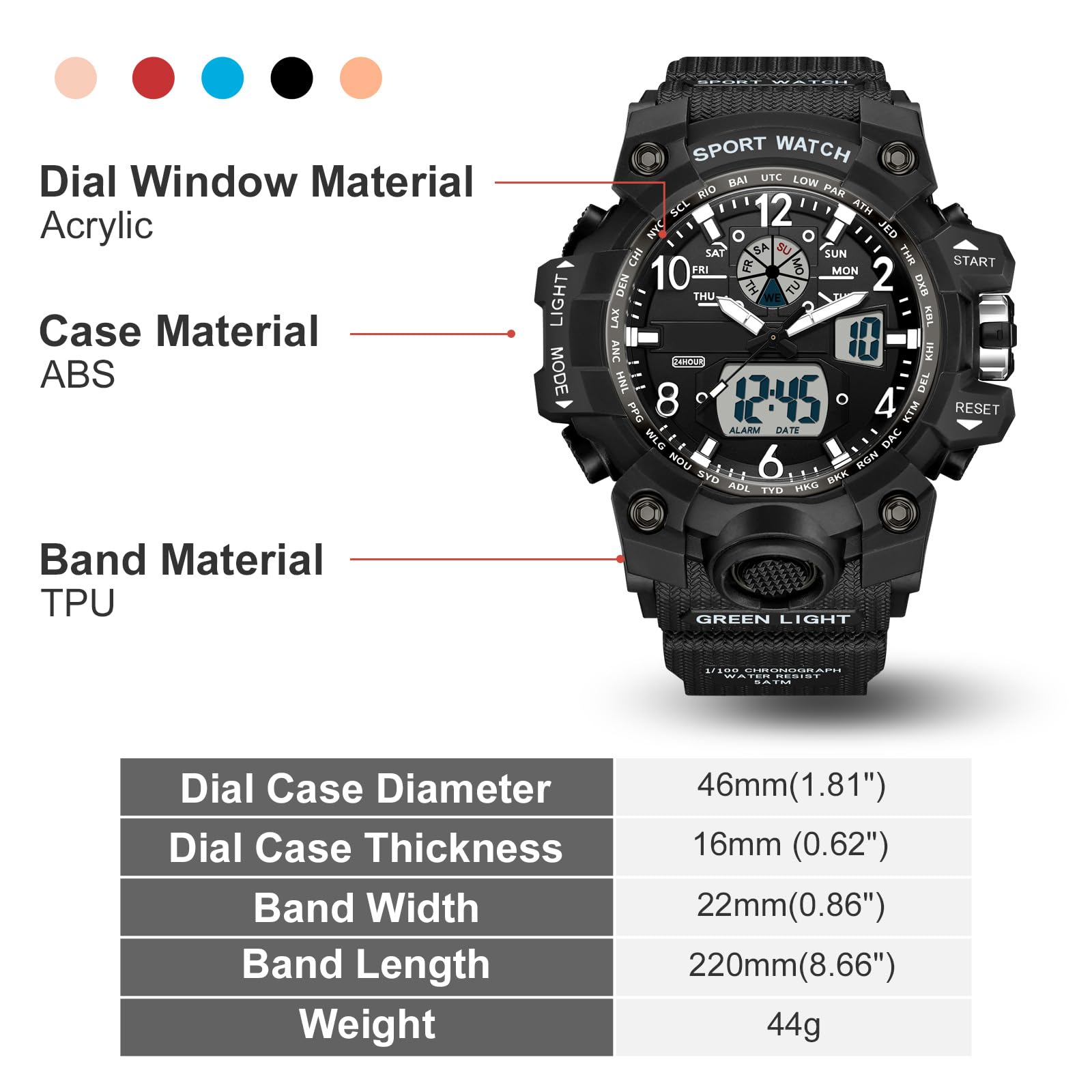 findtime Montre-bracelet numérique pour femme - Étanche jusqu'à 5 ATM - Montre militaire - Montre numérique pour garçons et filles - Montre de sport analogique numérique LED multifonction avec réveil