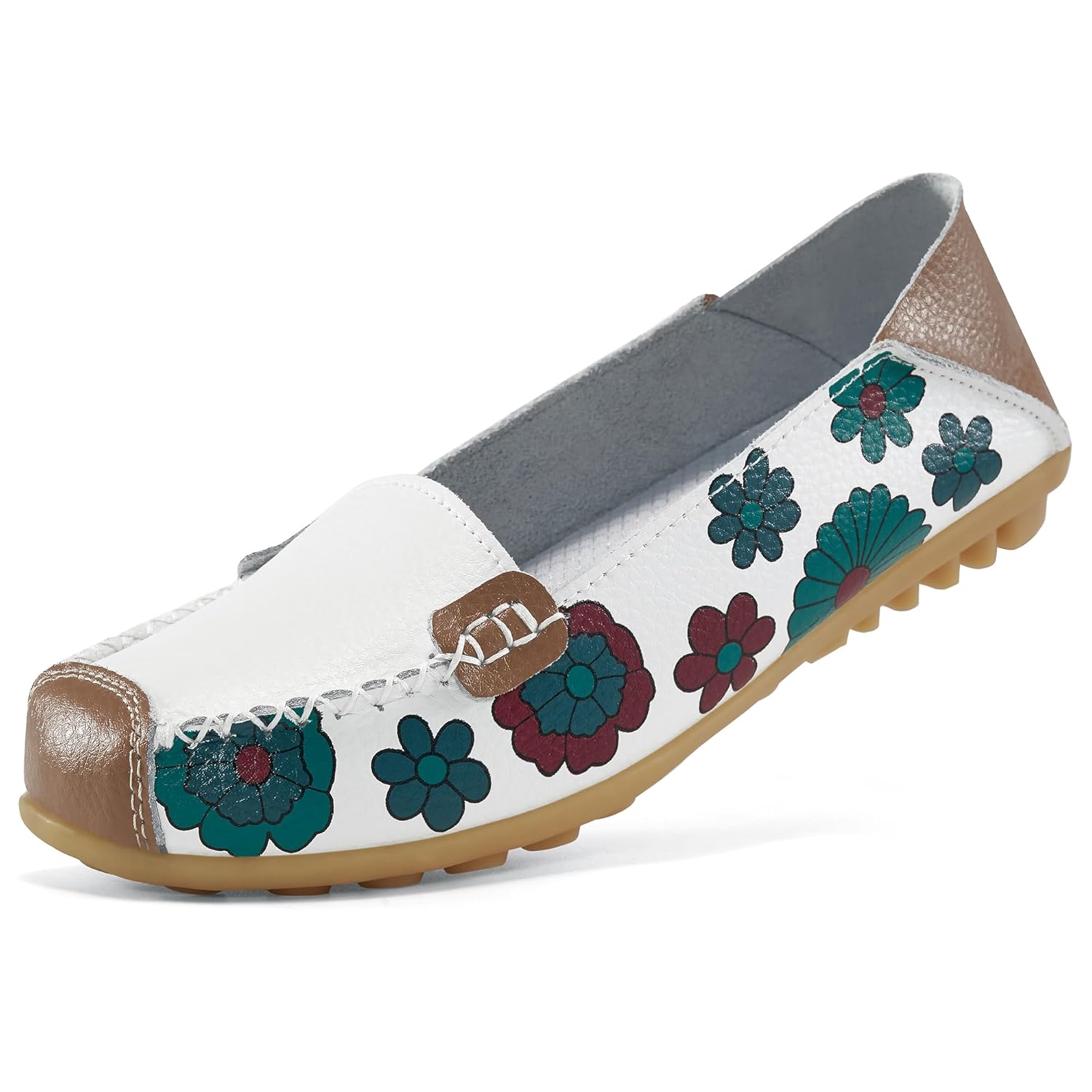 Ablanczoom Womens Comfortable Leather Floral Print Flats Casual Driving Loafers Walking Shoes for Women White
