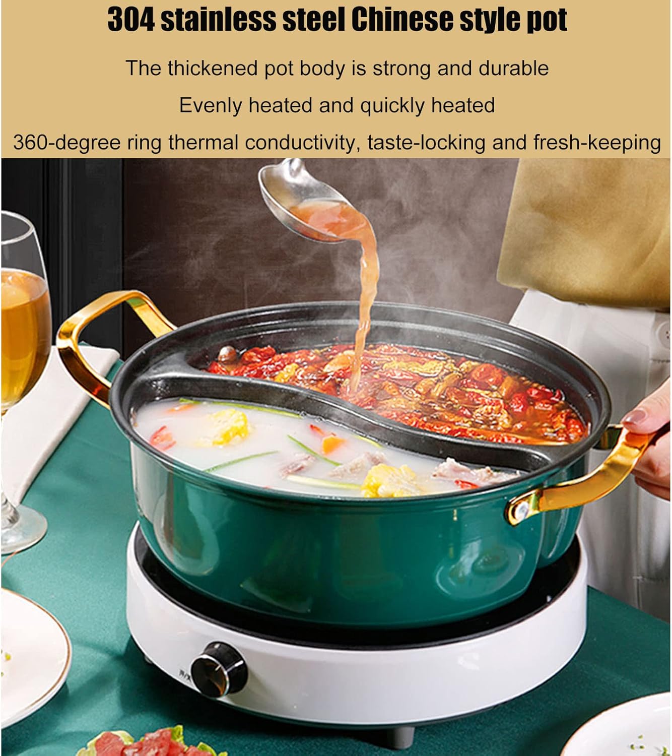 Yinyang Hot Pot Shabu Shabu Pot, Dual-Sided Nonstick Frying Pan with Divider & Lids, Versatile Stew Pot for Family Dinners, Restaurants, Induct & Gas Stove Catible, Perfect for Cheese Fondue