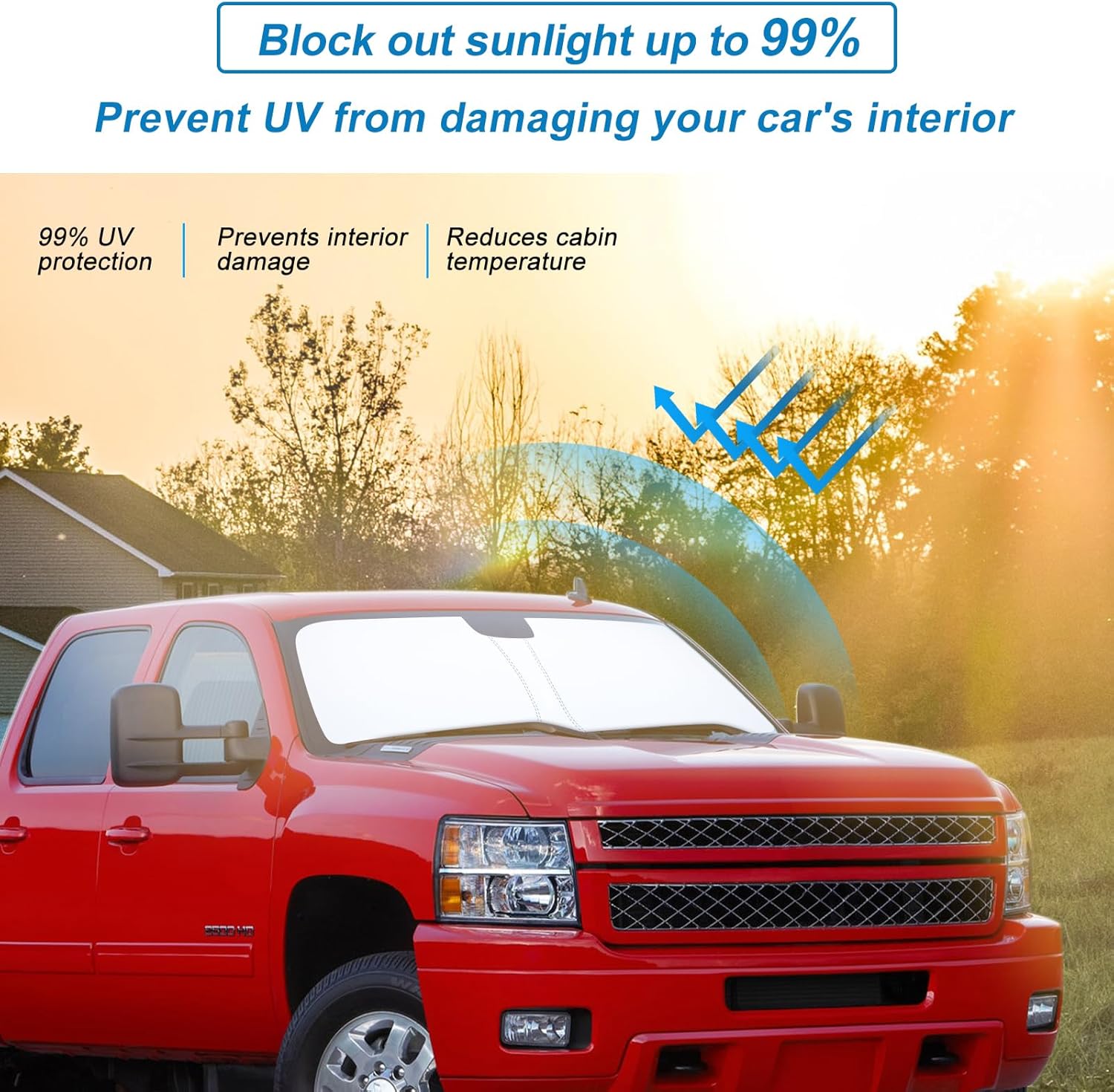 JKCOVER Foldable Front Window Windshield Sunshade Compatible with 2014 2015 2016 2017 2018 Chevy Silverado/GMC Sierra 1500 2500 3500HD Accessories Sun Heat UV Rays Protection Sun Shade Visor