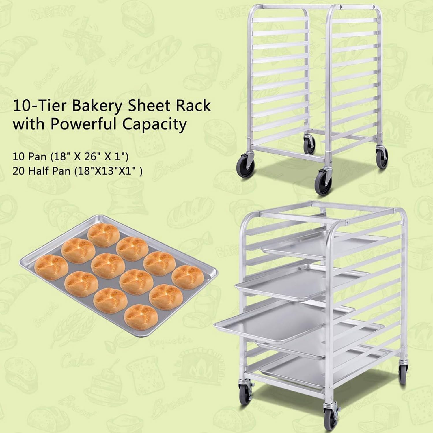 20-Tier Aluminum Sheet Pan Rack - Heavy-Duty Bakery Cooling Rack with 4 Wheels for Commercial Kitchen, Restaurant & Pizzeria - Ideal for Baking & Food Storage