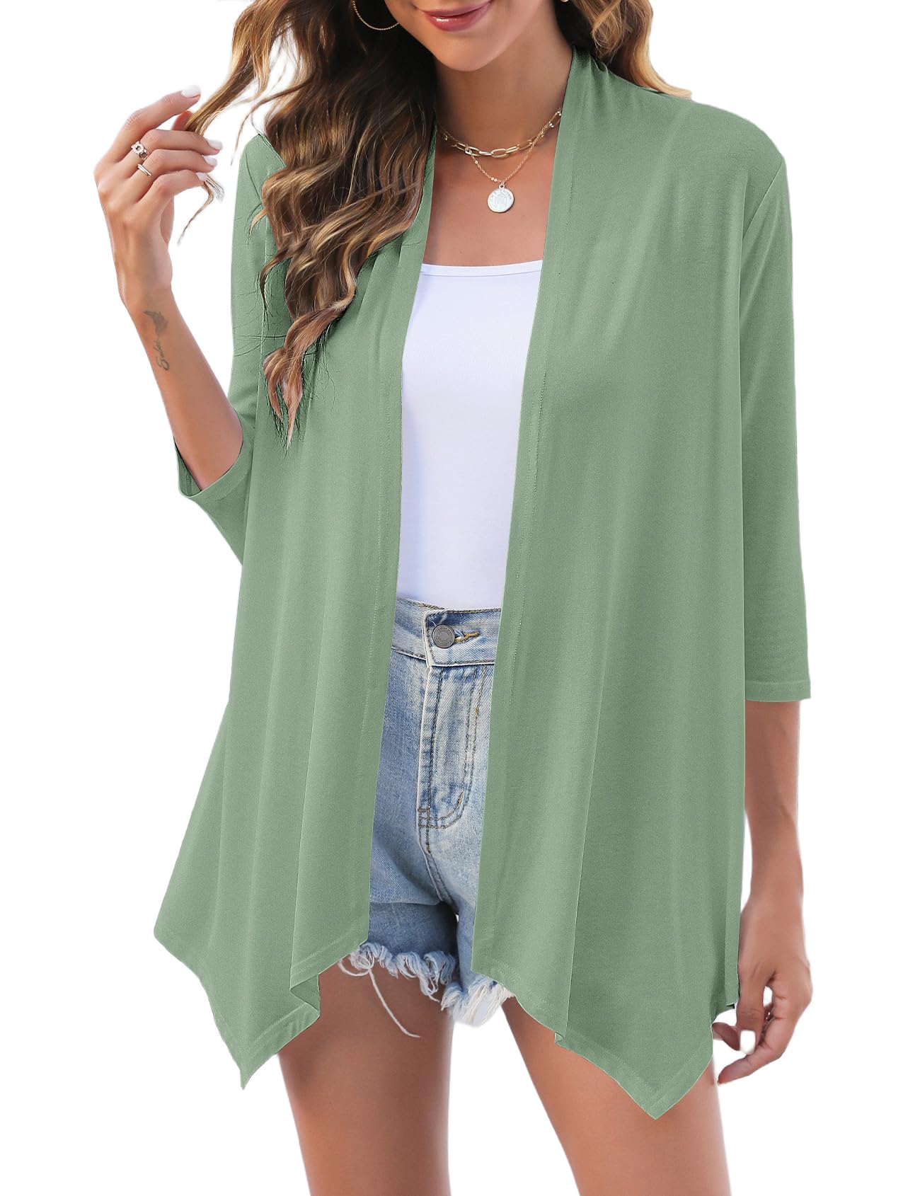 Uvog Women's 3/4 Sleeve Draped Open Front Cardigan Casual Loose Lightweight Cardigans