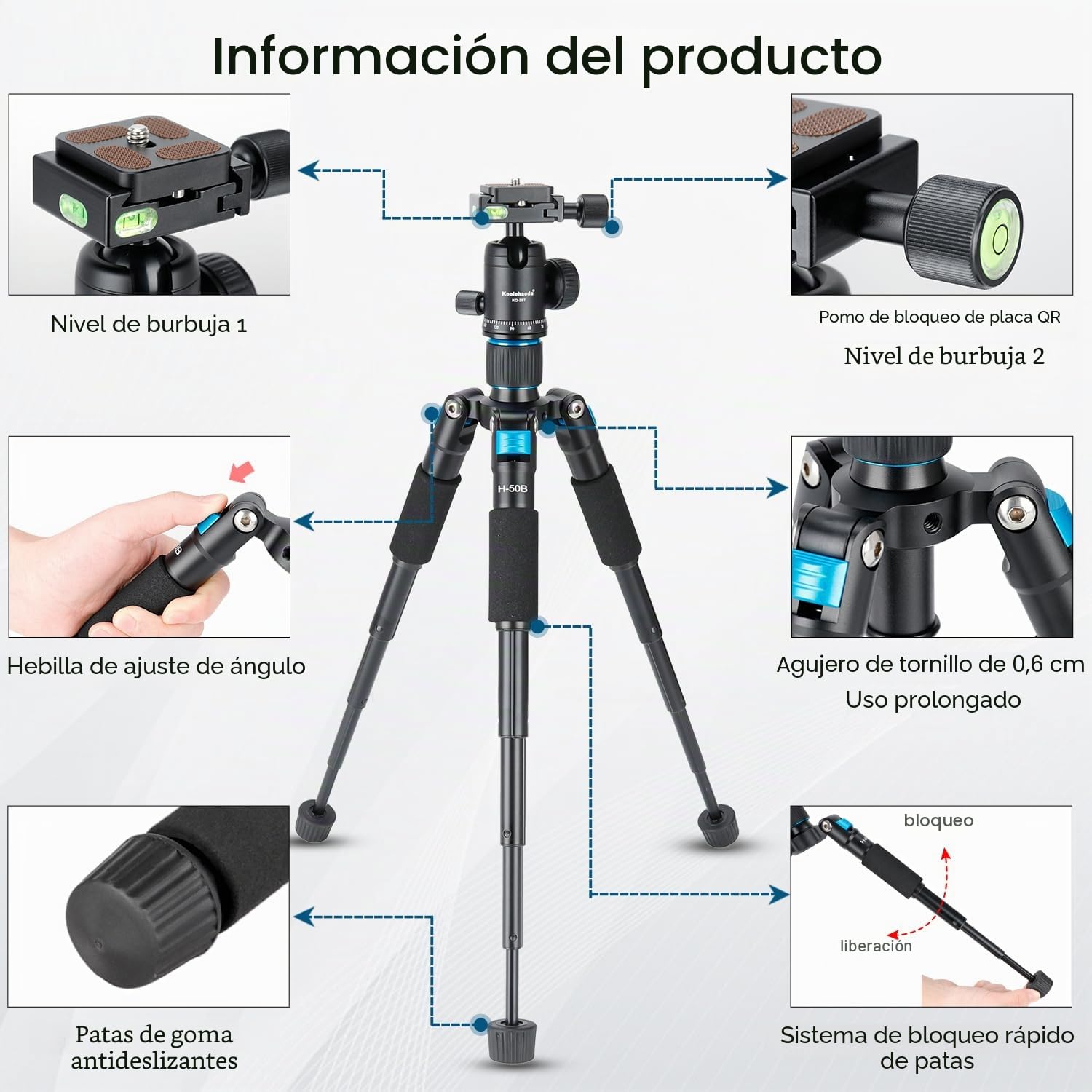 Koolehaoda Mini Trípode Portátil de 51cm de Aluminio con Cabeza de Bola de 360 Grados y Bolsa de Transporte para Cámara DSLR, Videocámara de Video, Carga de hasta 5 kg - (Azul)