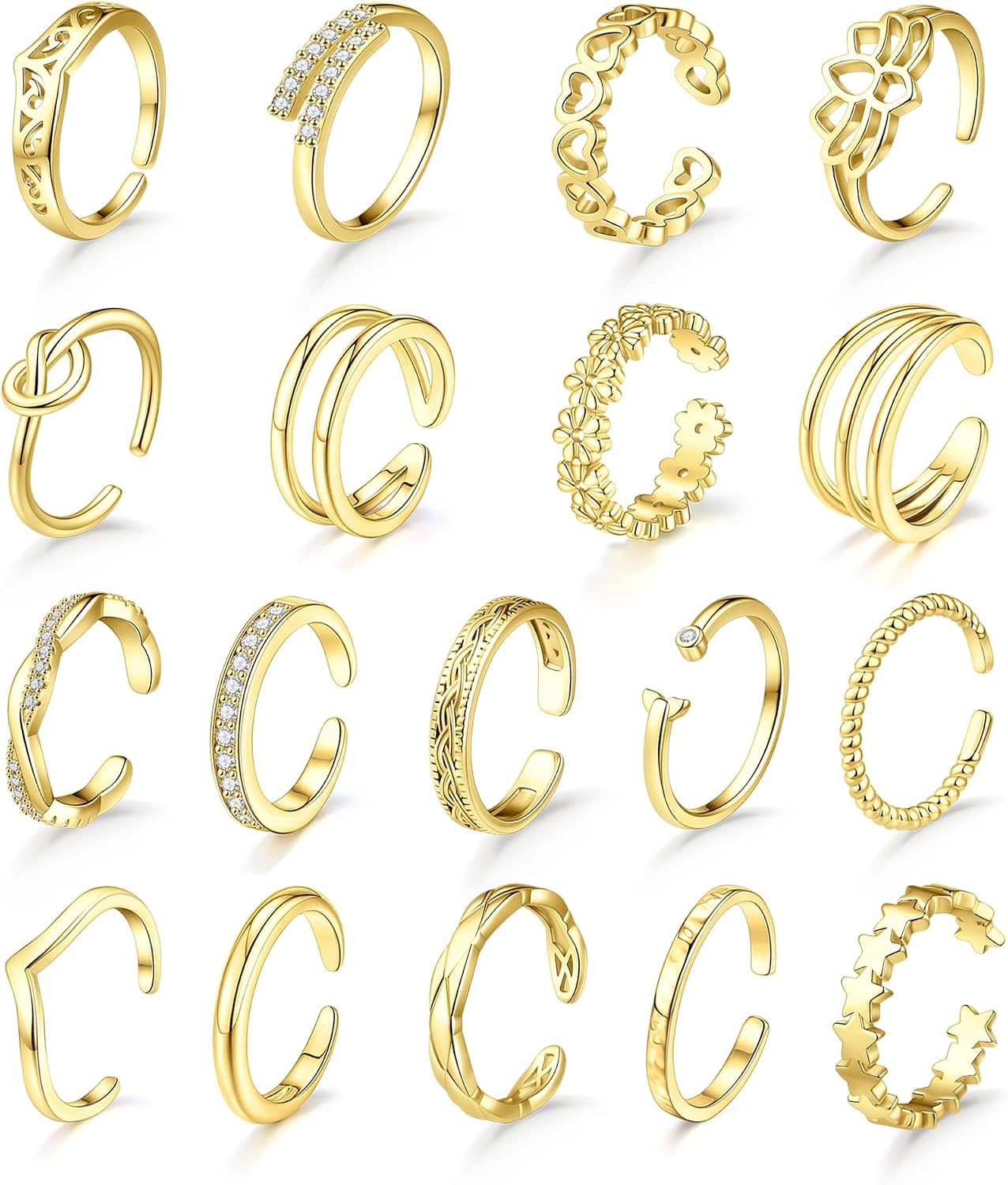 MOZAKA 18Pcs Toe Rings for Women Non Tarnish - Adjustable 14K Gold Plated Toe Ring Set Dainty Open Toe Rings Set Waterproof Summer Beach Foot Jewelry