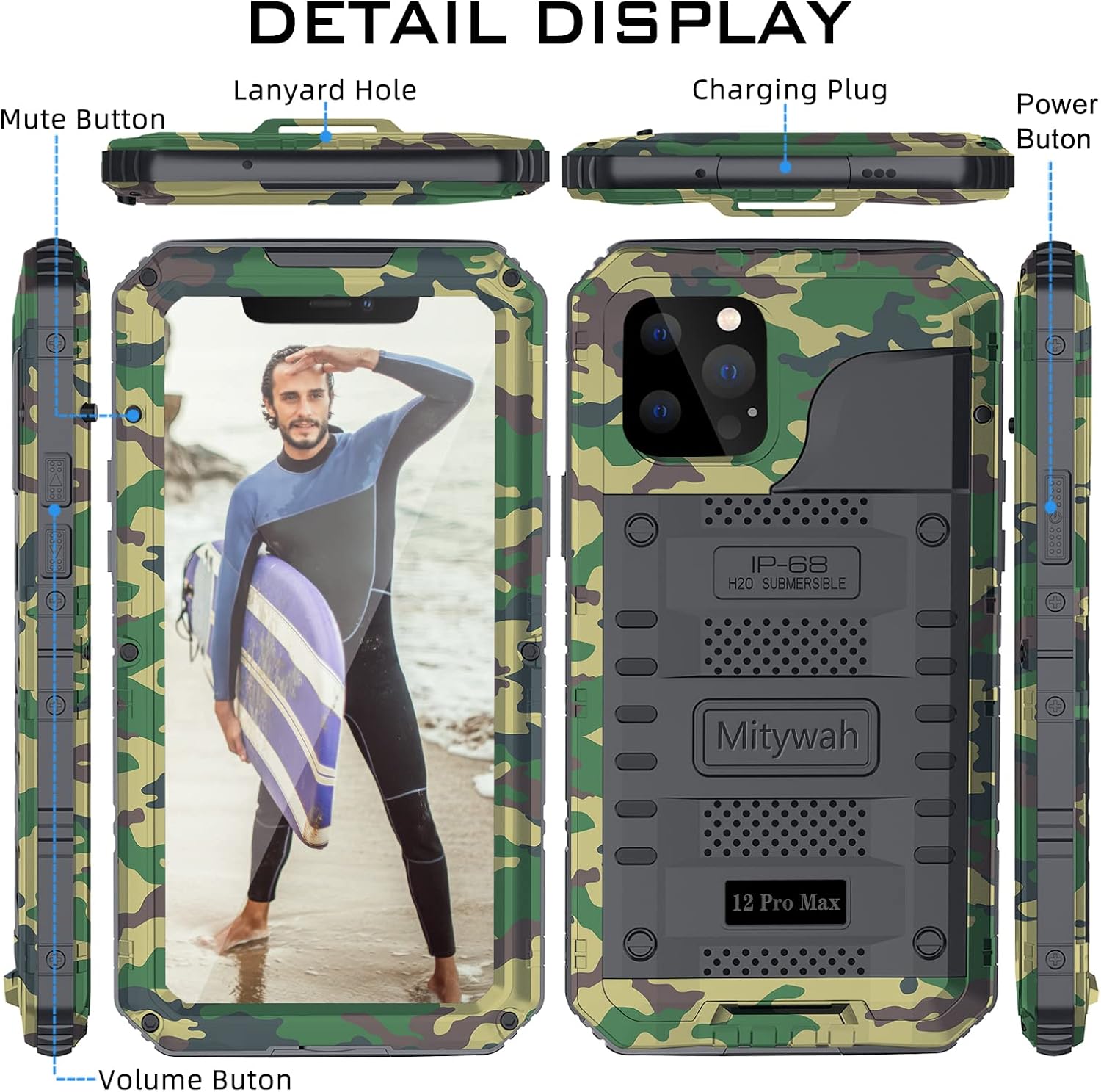Mitywah Waterproof Case for iPhone 12 Pro Max, Heavy Duty Military Grade Armor Metal Case, Full Body Protective Rugged Shockproof Thick Dustproof Strong Case for iPhone 12 Pro Max 6.7’’, Camouflage
