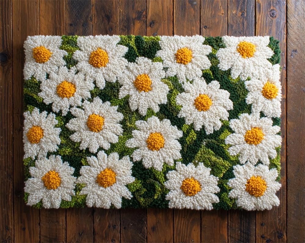Kitquiver Rug Making Kits for Adults Latch Hook White Daisy Crafts Crochet Yarn with Pre-Printed DIY Handmade Embroidery Needlework for Home Decoration 23X35In