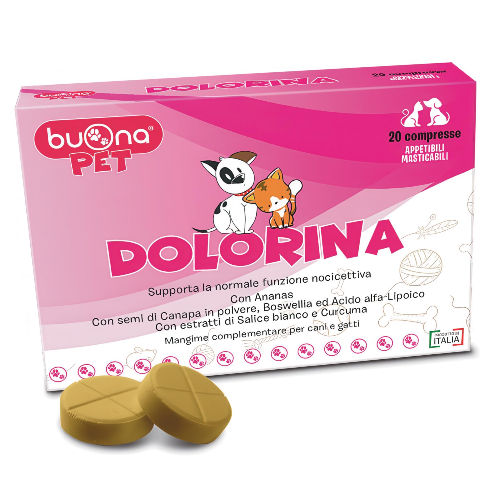 Dolorina Buona Pet Ergänzungsfuttermittel für Hunde und Katzen mit Boswellia, Weißer Weide, Alpha-Liponsäure, Hanfsamen und Ananas, Unterstützung der Noczeptivfunktion, 20 Appetible Tabletten