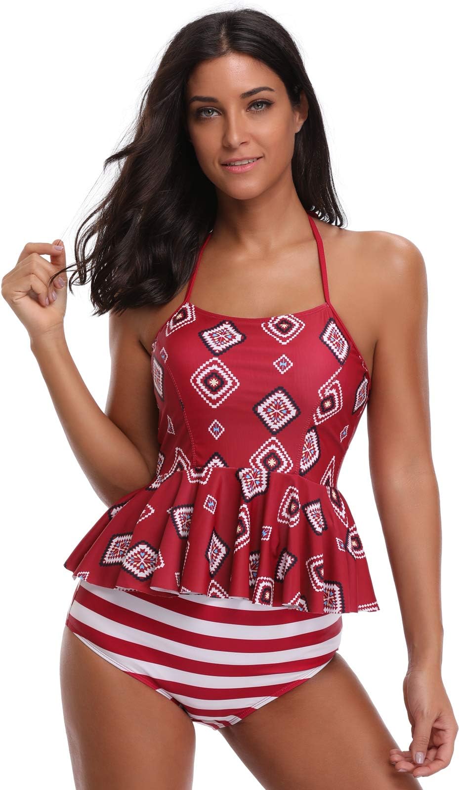 Women's Tankini Floral Print Two Piece Bathing Suit High Waist Removable Padding Peplum Top Swimsuit Red Size M