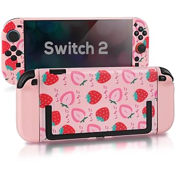 TIKOdirect Protective Case for Switch 2, Hard PC Slim Dockable Cover Case with Pretty Cute Pattern Designed for Switch 2 2025, Game Console and Joy Con Controllers, Pink Strawberry