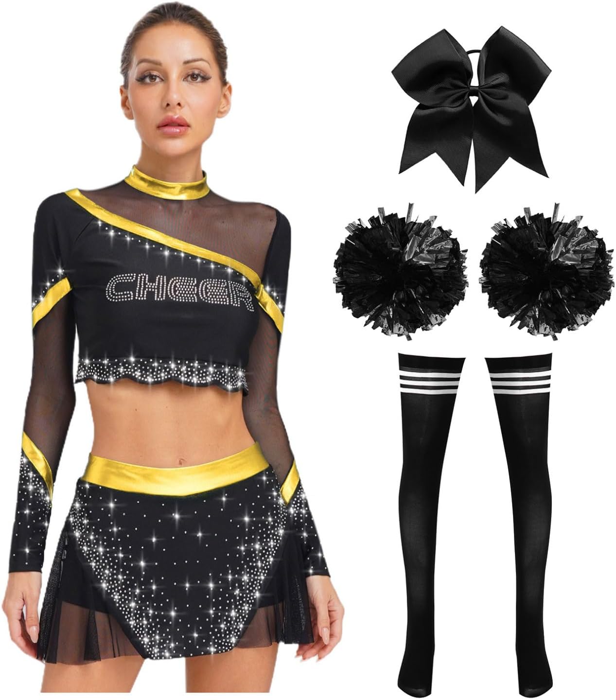 Agoky Womens Adult 5 Pcs Cheerleading Set Uniform High School Cheer Leader Halloween Rave Outfits