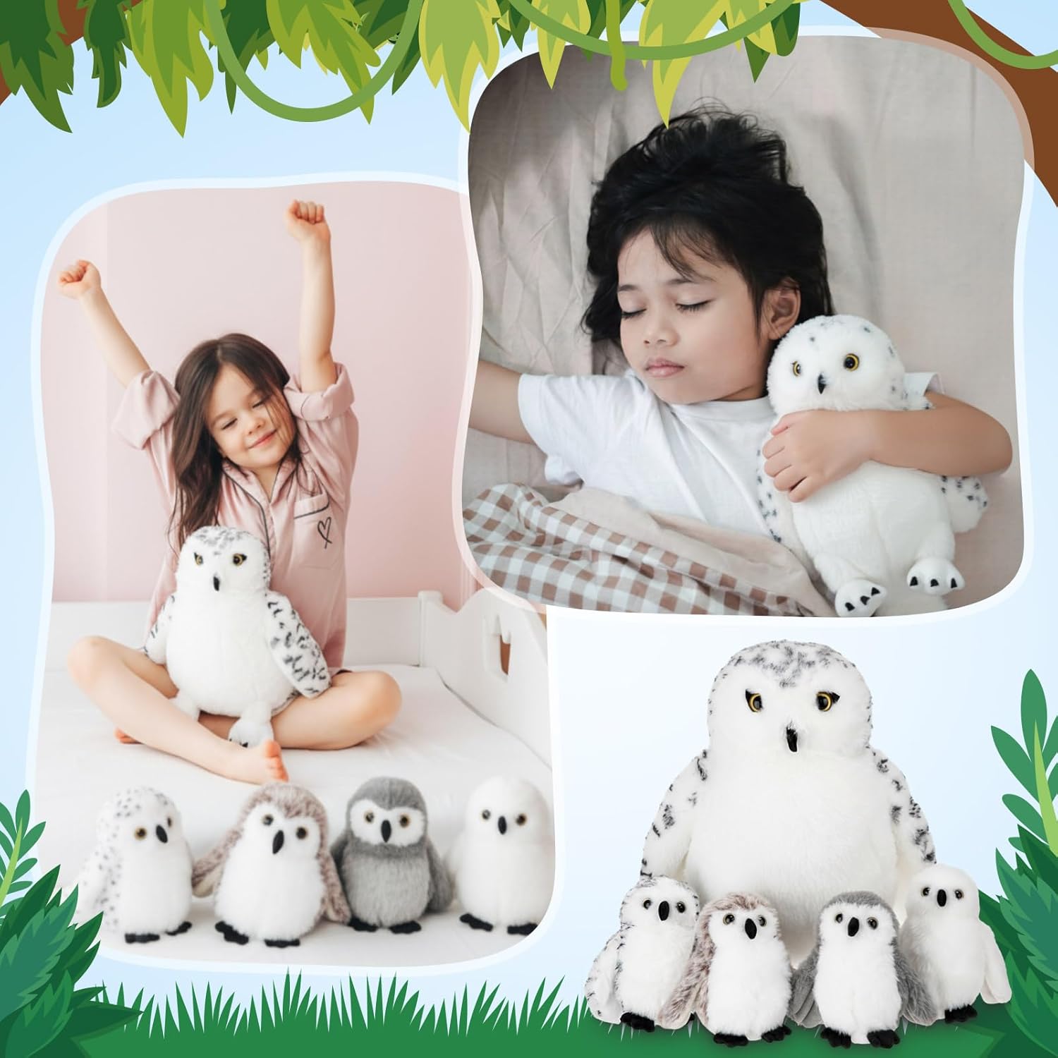 5 Pcs Snowy Owls Plush Toy Gift Set 12.6" Mom Owls with 4 Cute Babies Stuffed Animal in Zippered Back Nurturing Plushes Toy Set for Kid Adults Birthday Party Favors Gifts
