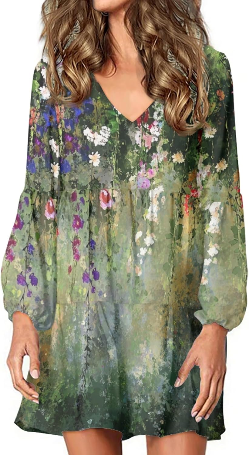 Women 2025 Floral Print Puff Long Sleeve V Neck Smocked Midi Casual Dress Empire Wa...